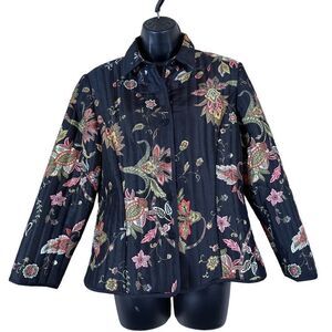 Silkland 100% Black Silk Floral Print Puffer Jacket Women’s Size Petite
